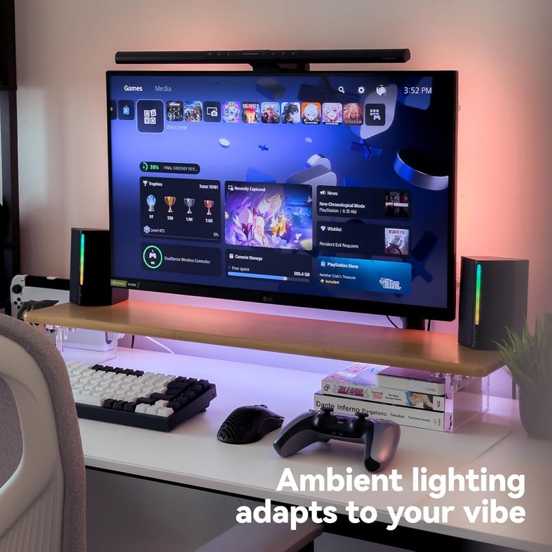 ROCDEER Bamboo Monitor Stand Riser with RGB Lights,31.5 Inches Desktop Shelf with Acrylic Legs Supports for Desk, PC Computer Monitor, Laptops, Printer, Speakers (Natural) - Image 3